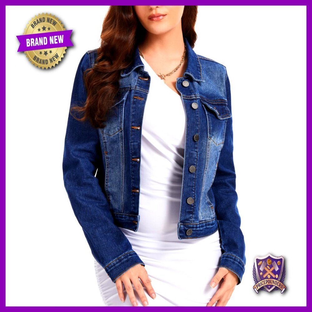 Stretch Cropped Denim Jacket Classic Fitted Chic Button Down with Pockets